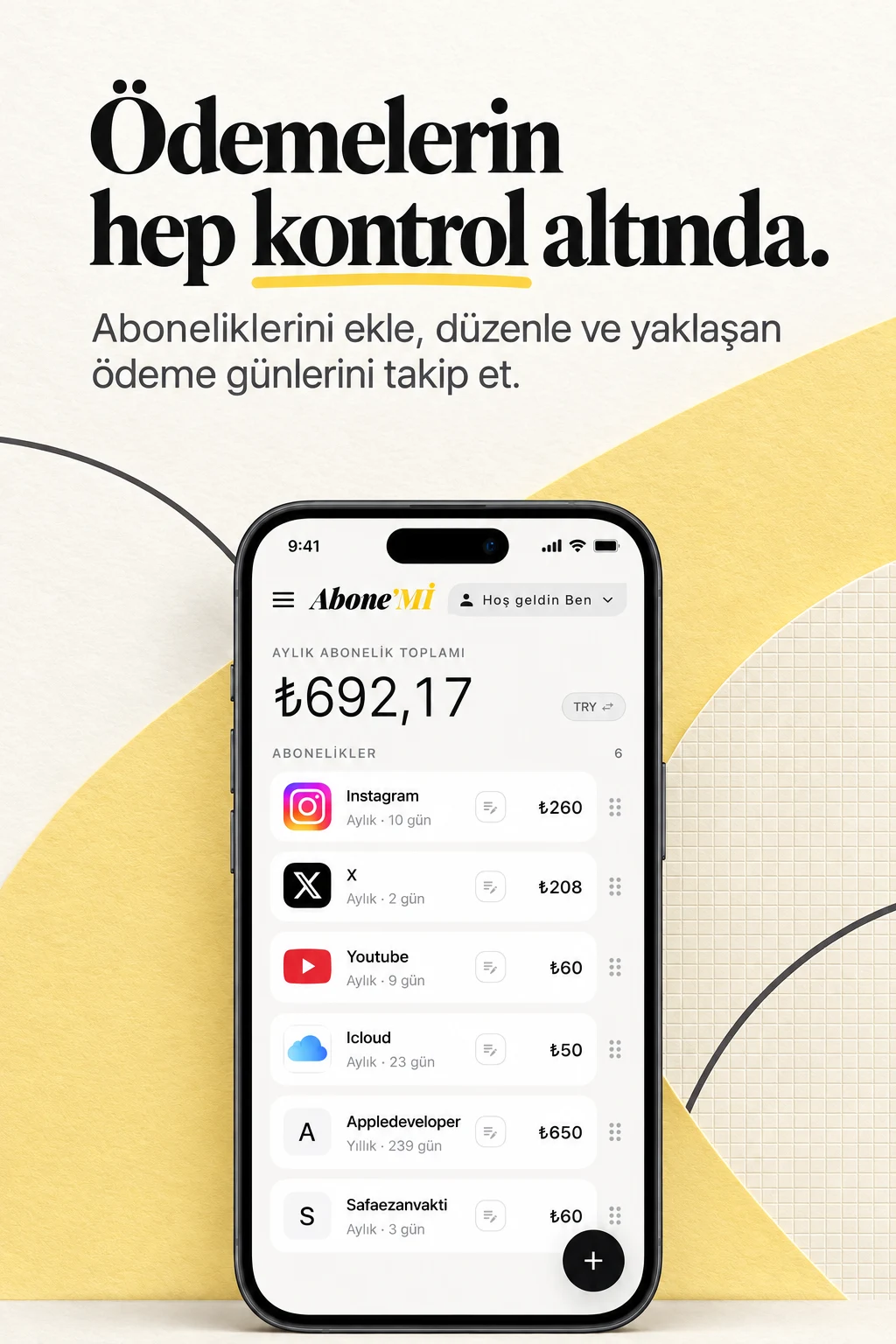 Aylık toplamı, abonelikleri ve kategorileri gösteren Abone'Mİ kampanya görseli.